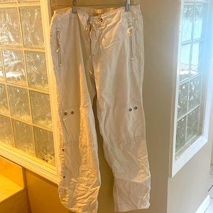 Gap Drawstring cargo pants, zippered pockets, and hem that rolls up and buttons.